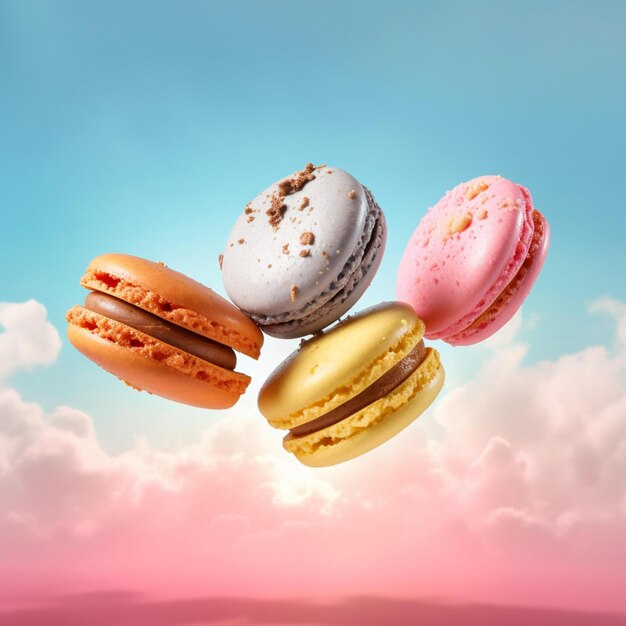 close up of macaroons flying through the air