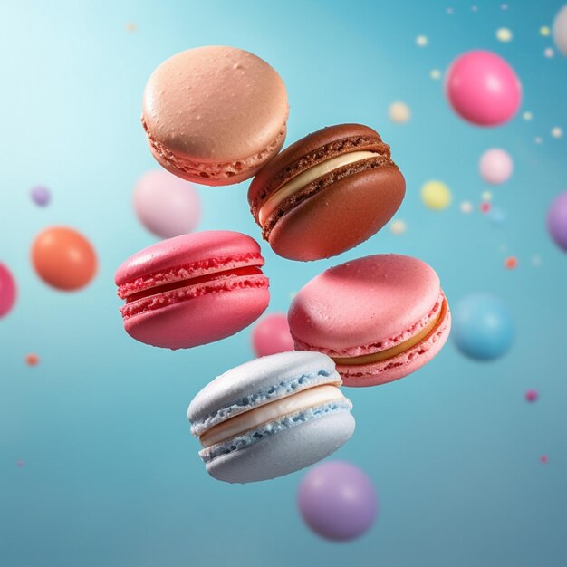 Photo close up of macaroons flying through the air