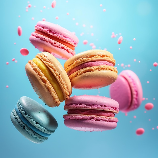 Photo close up of macaroons flying through the air