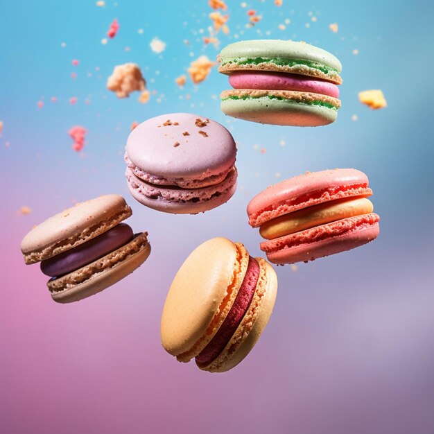 close up of macaroons flying through the air