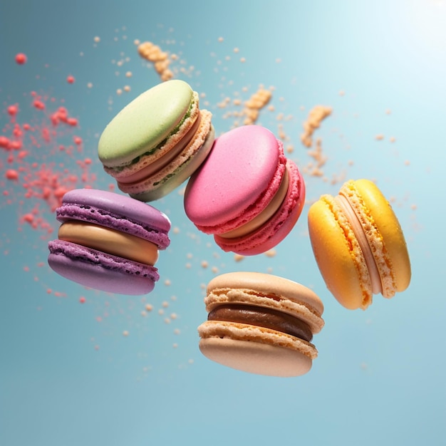 close up of macaroons flying through the air