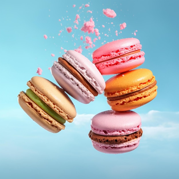 Photo close up of macaroons flying through the air