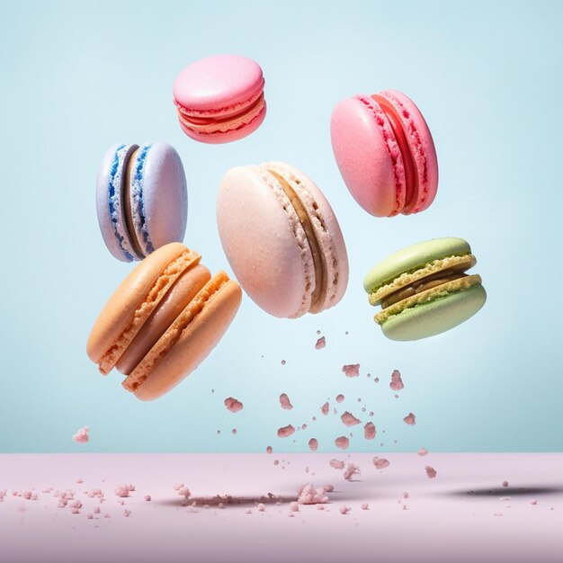 Photo close up of macaroons flying through the air