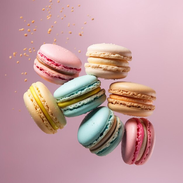 Foto close up di macaroons che volano nell'aria