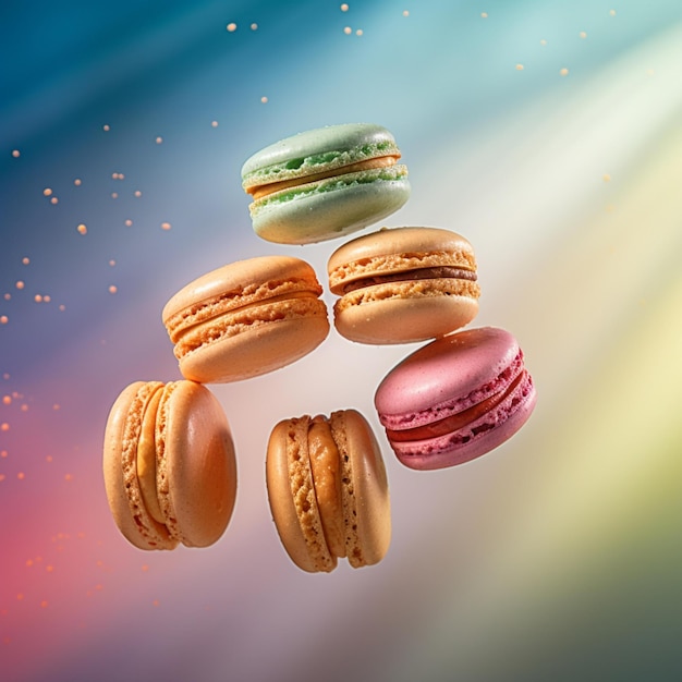 Photo close up of macaroons flying through the air