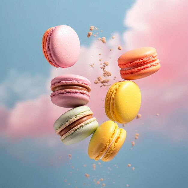close up of macaroons flying through the air