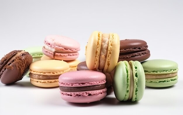 A close up macaroons on a white background sweet dessert bakery food ai generated