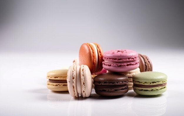 A close up macaroons on a white background sweet dessert bakery food ai generated