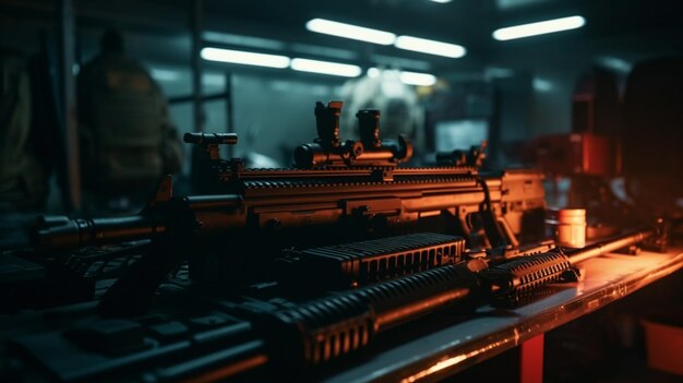 A close up of a machine gun in a dark room