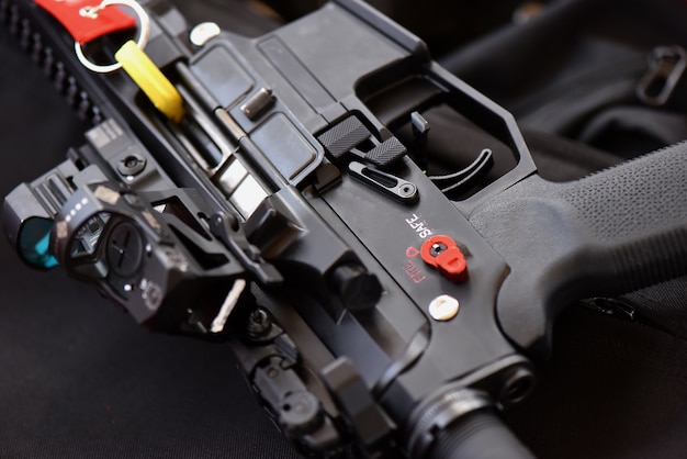 Photo close-up machine gun is placed in a function position in a safe position. within the shooting range