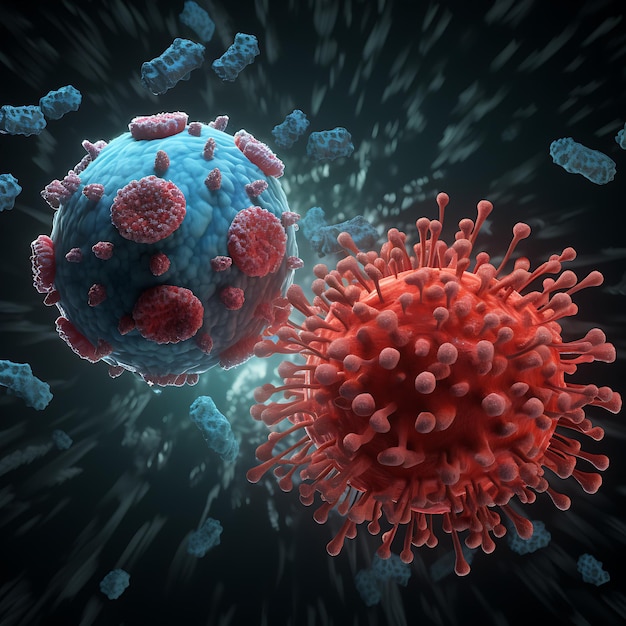빨간색과 파란색의 미생물 분자 바이러스 박테리아 세포 박테리아의 거시적 세부 사항