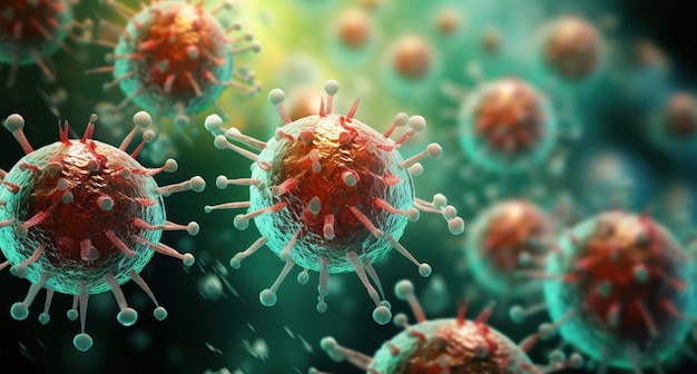 빨간색 파란색 미생물 분자 바이러스 박테리아의 매크로 세부 정보를 닫습니다. 코로나바이러스 발병 COVID19 의학 개념 고품질 사진