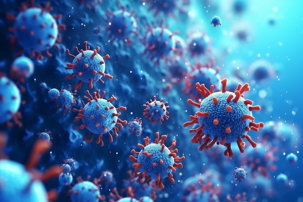 Close up macro details of red blue microbes molecules virus bacteria Coronavirus outbreak COVID19