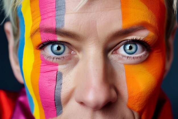 Close-up macro opname van vrouwelijk gezicht met kleurrijke regenboogpatroon make-up