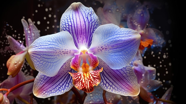 Крупным планом макрофотомонтаж свежих цветущих орхидей с каплями воды