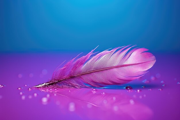 Close up macro photograph of a bird feather on a purple blue background with water droplets and a co