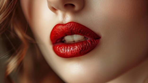 Макро снимок красивых женских губ с красной помадой привлекательный