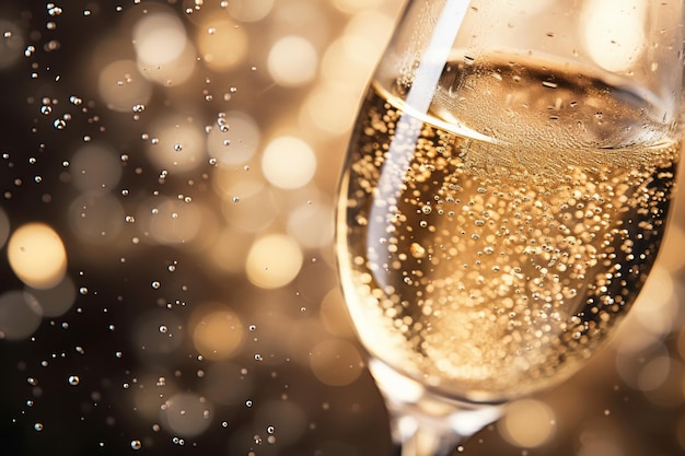 Close up macro shot of bubbles in a glass of champagne sparkling wine