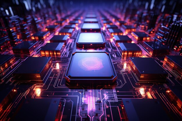 close up macro shot of circuit cyberspace board with computer motherboard component microchip with chip structure