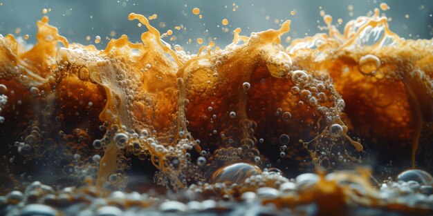 A close up macro shot showing the bubbles and texture of a delicious hot cup of brown coffee with a