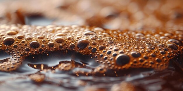 A close up macro shot showing the bubbles and texture of a delicious hot cup of brown coffee with a