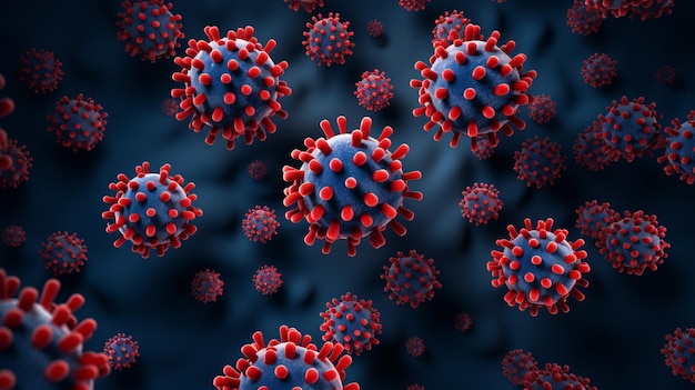 Close-up macrodetails van roodblauwe microbenmoleculen virusbacteriën Coronavirus-uitbraak COVID19 Geneeskundeconcept Ai generatieve illustratie