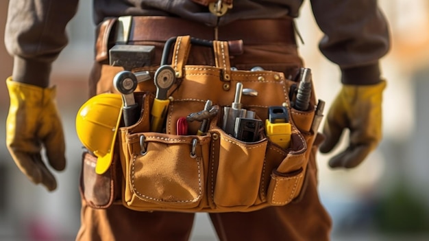 Close up of a maintenance worker with bag and tools kit wearing on waist