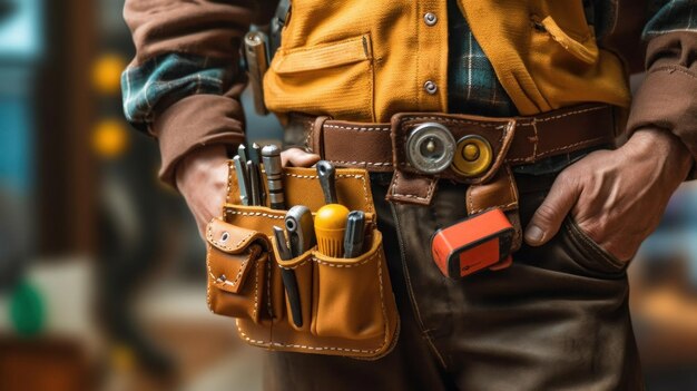 Close up of a maintenance worker with bag and tools kit wearing on waist