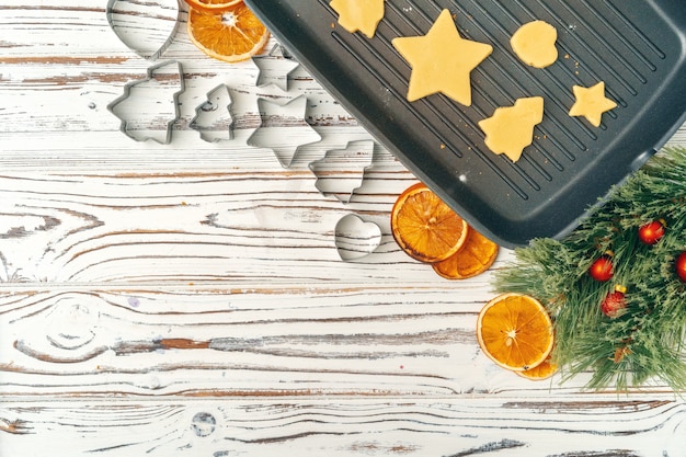 Close up of making holiday christmas gingerbread cookies process