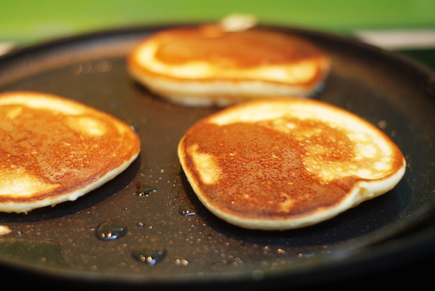 Close up of making pancakes on frying pan. making food.
breakfast.