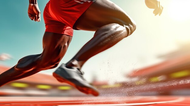 Foto primo piano di un atleta maschio che si prepara a iniziare a correre in pista focus sulle scarpe da ginnastica