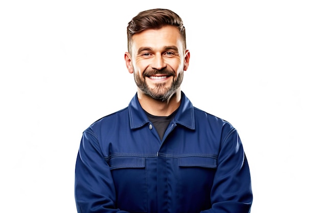 Close up of male car mechanic smiling successful service white background isolate