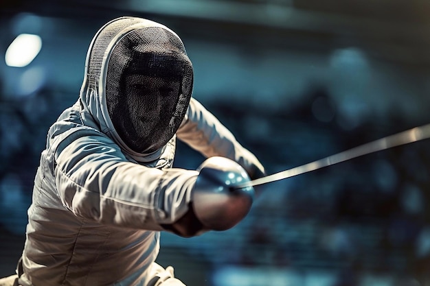 Close up of a male fencer with sword in his hands