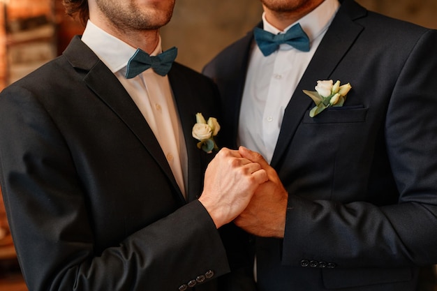 Primo piano di coppia gay maschile che si tiene per mano durante la cerimonia di matrimonio matrimonio dello stesso sesso