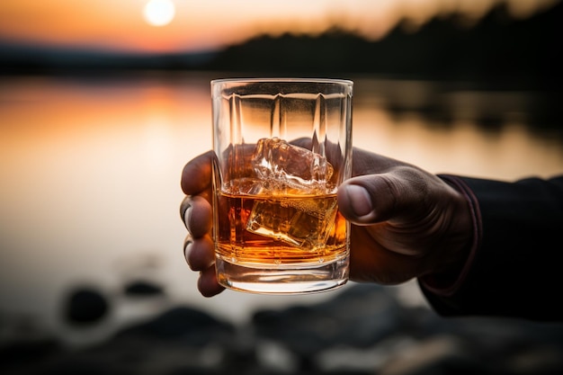 A close up of a male hand elegantly gripping a glass of whiskey