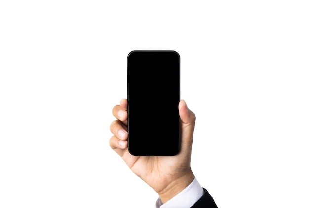 Close up male hand holding blank screen of smartphone on isolated white background. With clipping path.