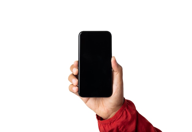 Close up male hand holding blank screen of smartphone on isolated white background. With clipping path.