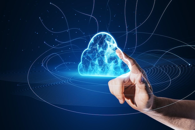 close up of male hand pointing at digital polygonal cloud with lines on blue background cloud storage and computing concept