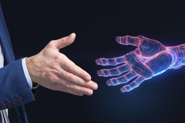 Close up of a male hand reaching for a handshake with an artificial intelligence robot Generative AI