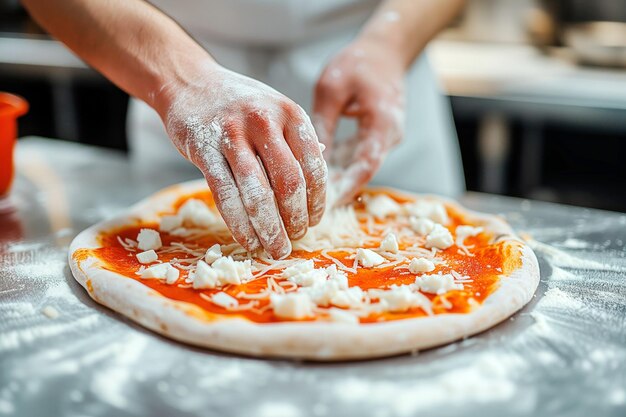 Foto close up di mani maschili che fanno la pizza con formaggio mozzarella