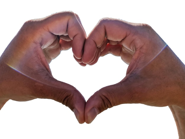 Close up of male hands showing heart on white background