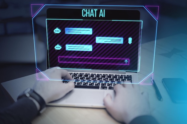 Close up of male hands using laptop on wooden desk with and creative ai chat hologram on blurry background Chat GPT and communication bot concept Double exposure