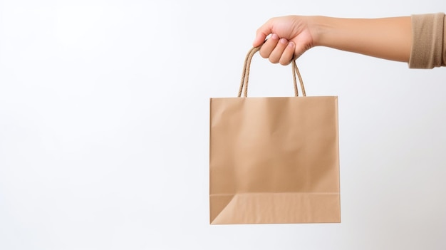 Close up male holding in hand brown clear empty blank craft paper bag for takeaway isolated on white