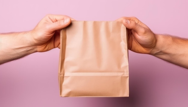 Close up male holding in hand brown clear empty blank craft paper bag