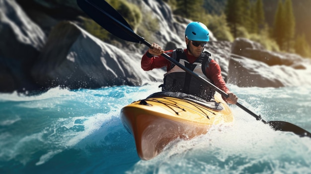 Close up of a male in kayak sailing in a mountain river Extreme sport kayak Generative Ai