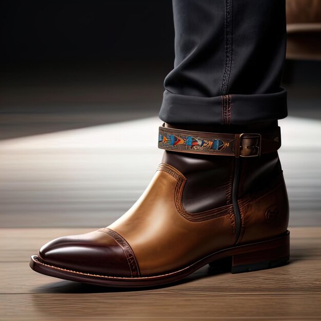 close up of a male legs in brown leather shoes