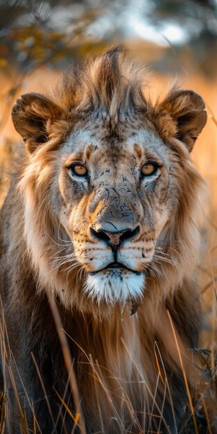 Close up of a male lion staring at the camera