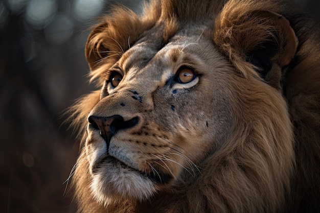 Close up male lion staring straight ahead