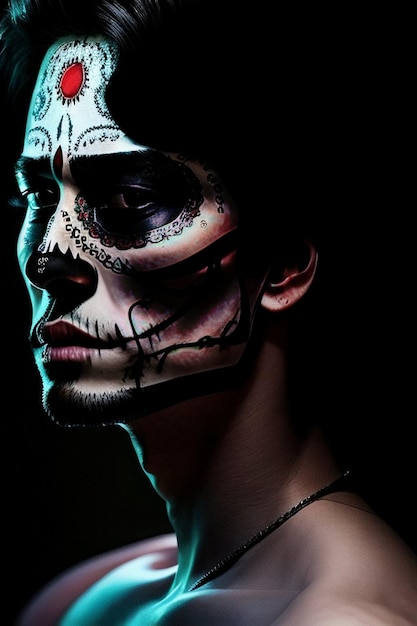 Close up of male model with santa muerte makeup in dark room