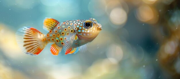 Close Up of Male Red Tailed Dwarf Puffer Fish in Aquarium